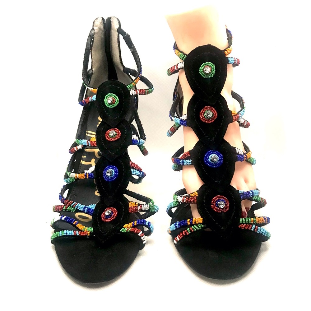 SAM EDELMAN "SAGE" BLACK SUEDE AND MULTI-COLOR BEAD STILETTO HEELS (10M) - Picture 5 of 13